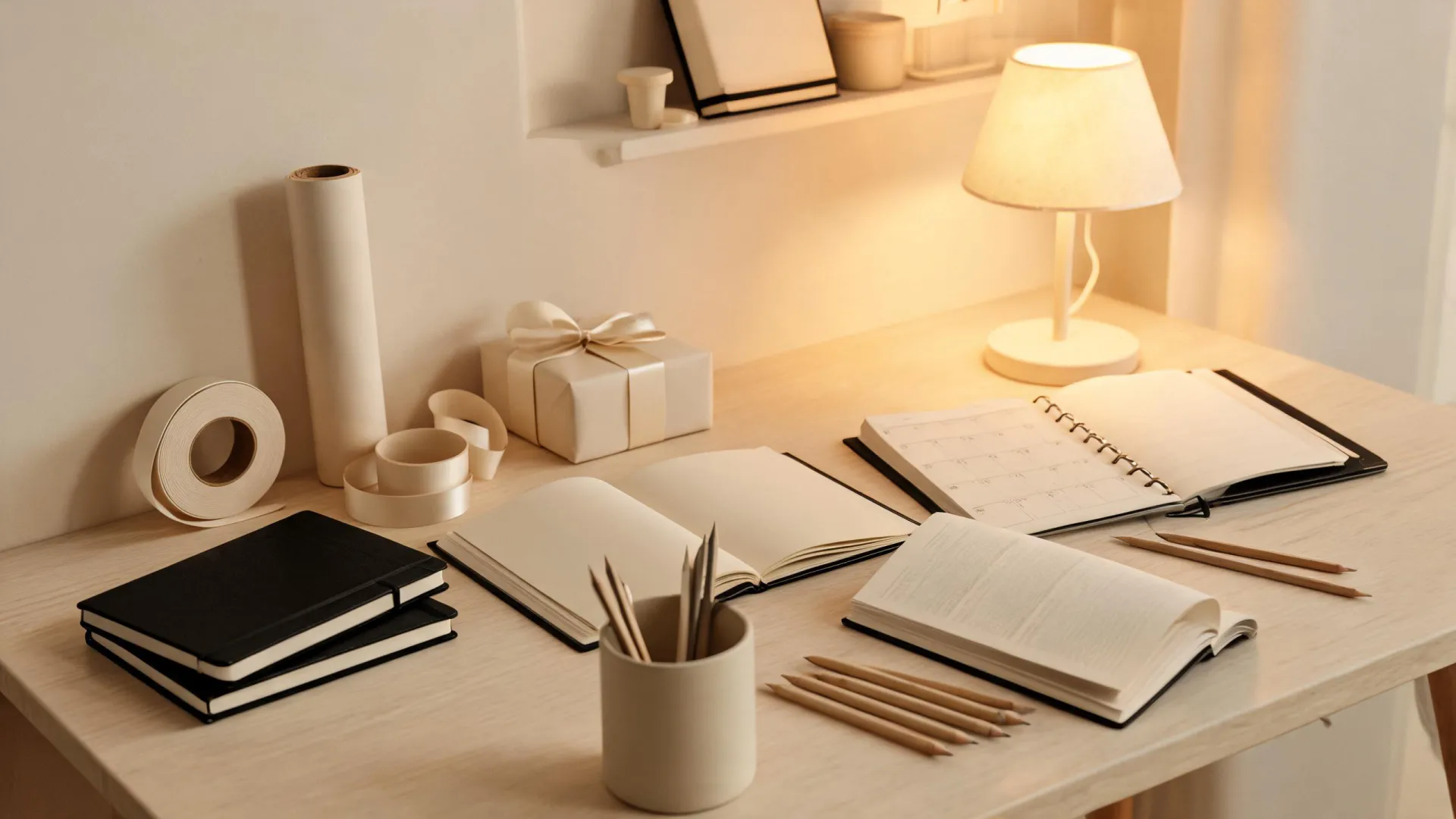 Moleskine notebooks styled in a quiet working room